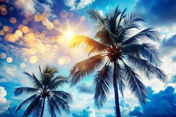 Double Exposure: Coconut Palm Tree Silhouette Against Vibrant Blue Sky