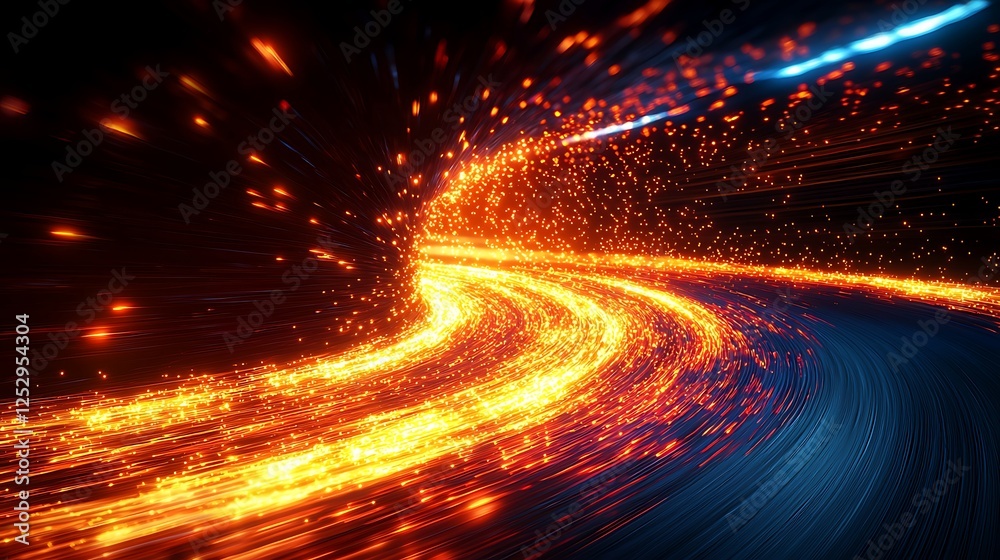 Wall mural ' fast light path on dark tunnel with glowing particles ideal for futuristic tech.
