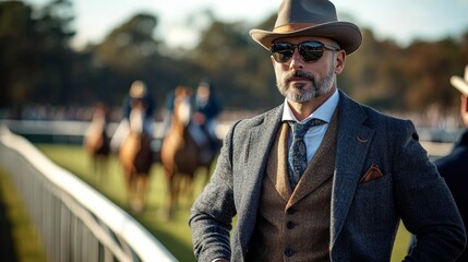 A gentleman stands at a horse racing event, in elegant Old Money style attire. High society at a prestigious racecourse