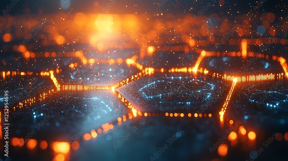 Wall mural ' glowing hexagons on dark background with bokeh effect, possibly for tech, sci-fi use.