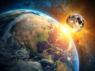 Obraz premium Double Exposure: Earth, Moon, & Sun Closeup - Celestial Rotation Animation