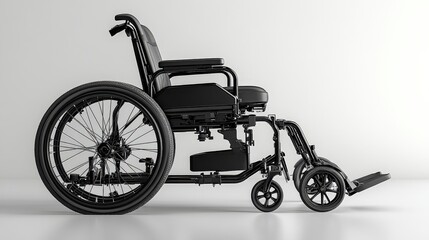 Modern black wheelchair positioned against a neutral background, showcasing design and functionality