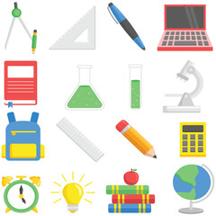 School supplies including a compass, ruler, laptop, books, backpack, and more. Suitable for educational concepts, backtoschool designs, and office themes.