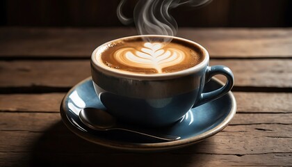 Steaming Latte Art Coffee in Blue Cup on Rustic Wooden Table