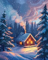 Fototapeta premium Cozy Winter Cabin Illustration