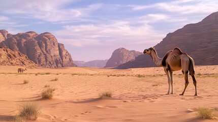 Camel in Wadi Rum desert landscape