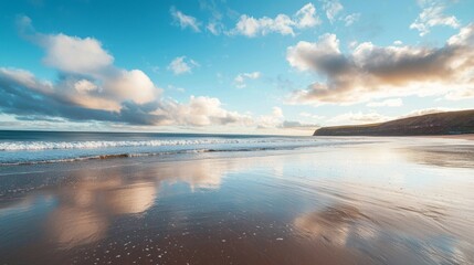 Obraz premium Tranquil Beach Scene with Waves and Reflections Under Blue Sky