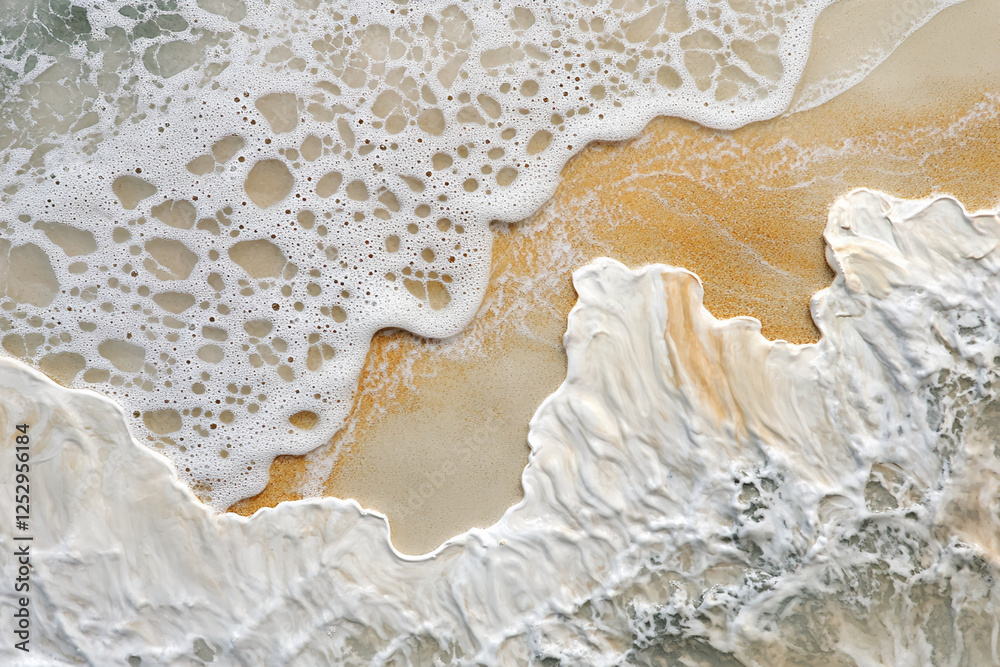 Poster close-up of foam and waves gently crashing onto a sandy beach, showcasing natural patterns and textu
