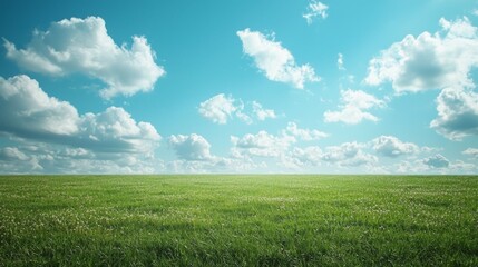 Fototapeta premium Expansive Green Field Under Bright Blue Sky with Fluffy Clouds