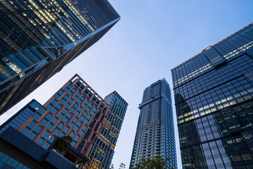 Uprisen view modern office city building blue sky sunset night scenen business financial