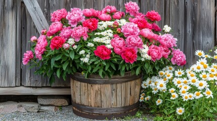 A classic wooden flower basket overflowing with peonies and daisies, placed beside a rustic farmhouse door. --chaos 20 --ar 16:9 --quality 2 --v 6.1 Job ID: 75ab8794-d1c2-4654-9734-bac985096fac