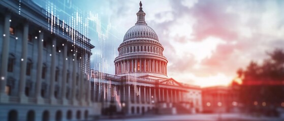 Capitol building sunset, finance graphs