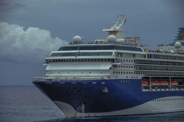 Modern ruiseship cruise ship liner Explorer 2 anchored offshore of Zakynthos island in Greece...
