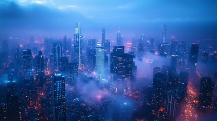 Fototapeta premium Captivating Aerial View of a City Skyline Bathed in Blue Twilight