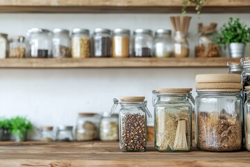 Wooden table with jars filled with various foods for home organization and storage solutions