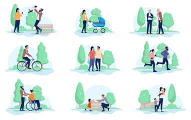 People in park vector collection - Set of illustration with group of characters enjoying free time outdoors doing various activities in nature forest or public park setting