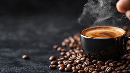 Steaming cup of coffee surrounded by roasted beans