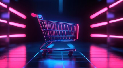 Futuristic shopping cart in neon-lit aisle