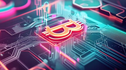Obraz premium A high-tech cryptocurrency logo with a glowing Bitcoin symbol, futuristic typography, and a digital circuit background.