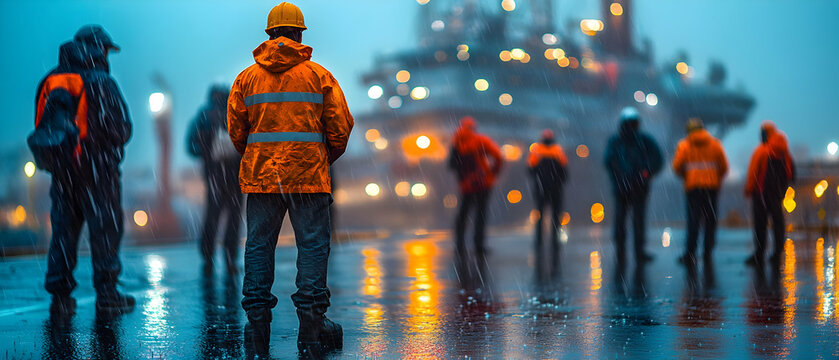 Rainy dock, workers, ship, night