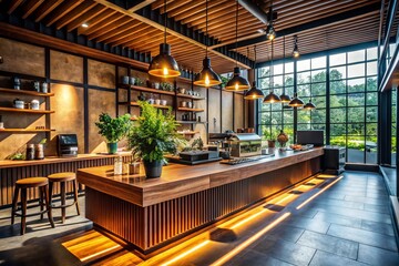 Fototapeta premium Dramatic Architectural Photography: Modern Coffee Shop Interior Design - Reserve Coffee Bar