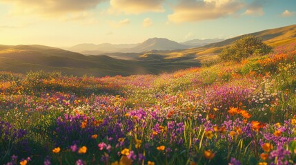 Fototapeta premium Vibrant Field of Wildflowers Under a Golden Sunset Sky