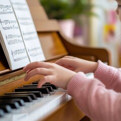 Fototapeta premium Child playing piano indoors, music sheets