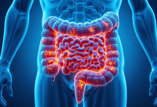 Digital illustration of inflammation in the colon and rectum, indicative of ulcerative colitis symptoms in the human digestive system.