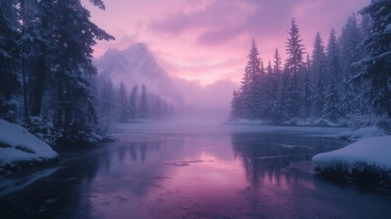 Fototapeta premium Serene Winter Landscape at Sunset with Snow and Pink Skies