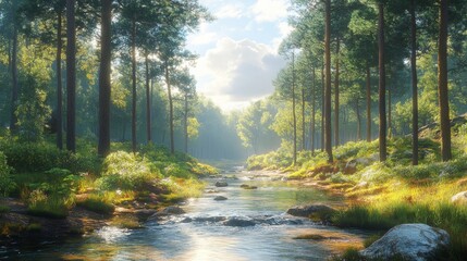 Fototapeta premium Serene river landscape amidst towering trees and sun-drenched greenery on a bright day