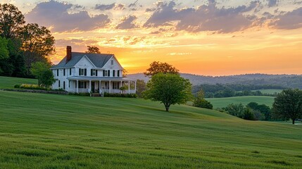 Serene Country House at Sunset Over Lush Green Landscape