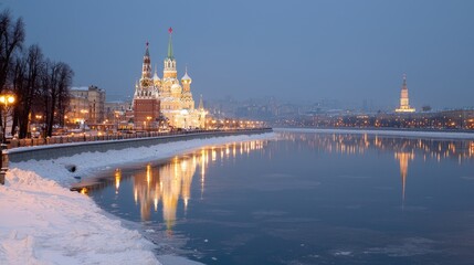 Obraz premium Church, River, Cityscape, Winter, Dusk, Reflection, Moscow