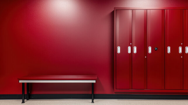 clean and organized locker room featuring red walls, bench, and lockers. space is free of clutter, creating calm atmosphere