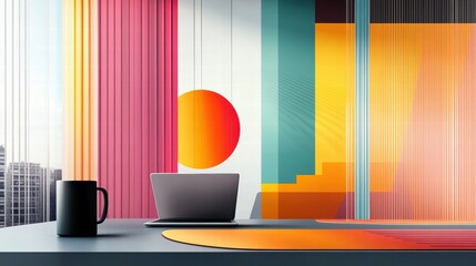 A minimalist workspace featuring a sleek laptop, coffee cup, and soft ambient lighting, perfect for stock photography and branding.