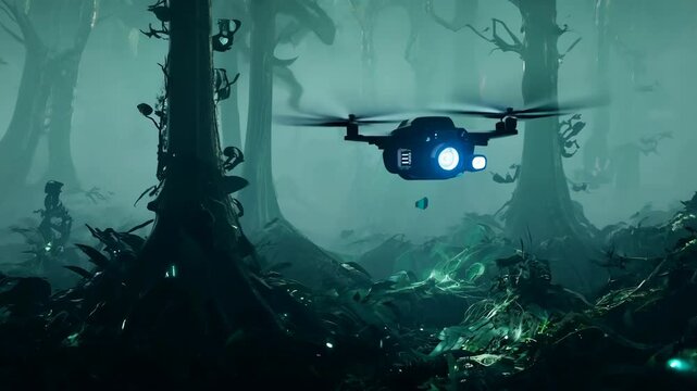 AI drones hover silently among towering trees in an eerie alien jungle, their glowing eyes scanning the misty environment.