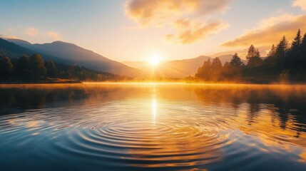 Fototapeta premium Serene Sunrise Over Tranquil Lake Surrounded by Mountain Landscape