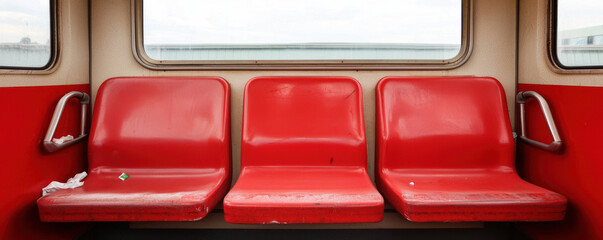 Red seats in public transportation vehicle with clean interior and window view