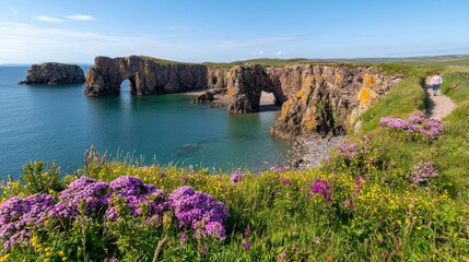 Coastal archway, person walking, wildflowers, sunny day. Potential use Nature photography, travel brochure, stock photo for tourism, educational purposes