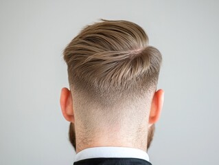 Fototapeta premium Man with long haircut and beard posing for formal haircuts photography with copy space