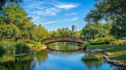 Fototapeta premium Serene Urban Park with Bridge Reflected in Calm Waterway Landscape