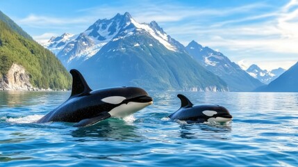 Obraz premium Orcas swimming in a serene mountain landscape