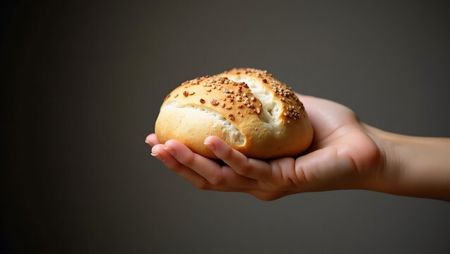 Closeup of a tan hand gently holding a freshly baked bread roll - warmth of sharing - culinary showcase