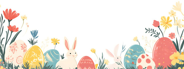 Obraz premium Easter border with Easter eggs and bunnies, simple flat vector illustration 