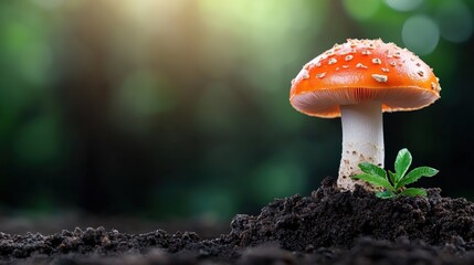Small orange mushroom on top of dirt surrounded by fungi and bacteria in realistic photography