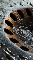 Close-Up of Water Droplets in a Drain with Artistic Lighting Effects
