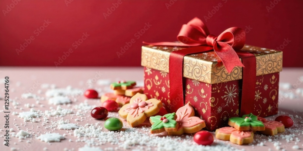 Aufkleber a festive gift box adorned with a red ribbon and surrounded by delicate sugar cookies and candies on