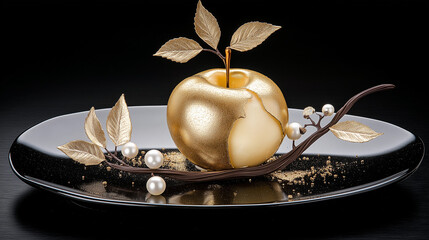 Golden apple dessert with delicate decorations on a black plate