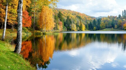 Fototapeta premium Vibrant autumn scenery with peaceful lake.