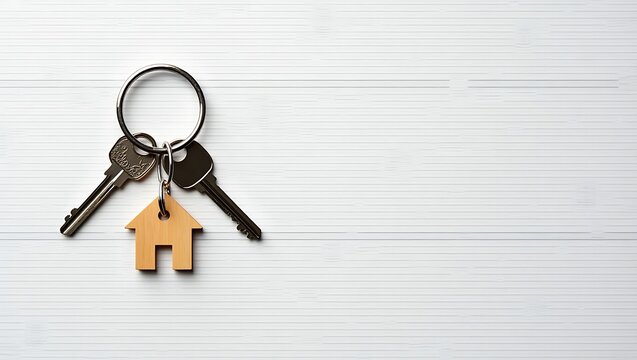 Top-down flatlay of a modern key ring with house charm - symbolizes home and security - suitable for lifestyle blogs
