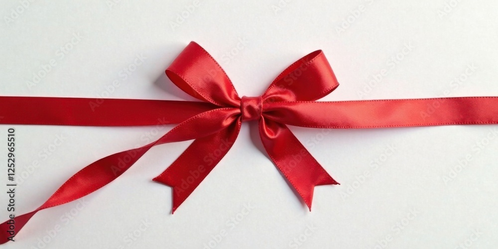 Poster a vibrant red satin ribbon tied in a classic bow, elegantly positioned on a pristine white backgroun